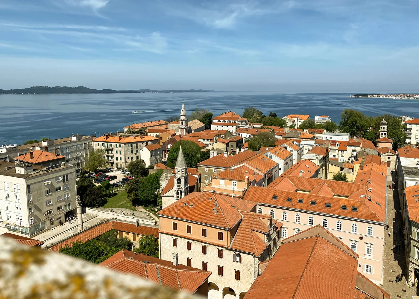 The Zadar peninsula and old town from above, the sea beyond